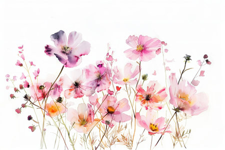 Watercolor botanical art summer pink flowers on white backgroundの素材