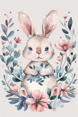 Easter rabbit with spring flowers and leaves wreath watercolor. Cute vintage bunny isolated on white background. vertical.の素材