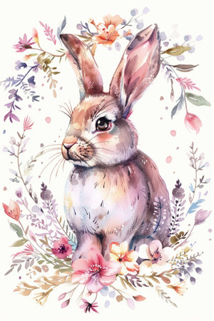 Easter rabbit with spring flowers and leaves wreath watercolor. Cute vintage bunny isolated on white background. vertical.の素材