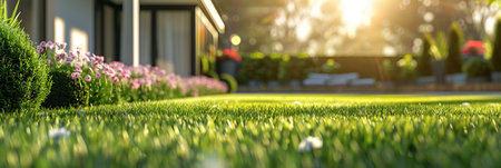 The morning sun shines on the green lawn, The backyard for the background, the meadow grass, The design concept for background.の素材
