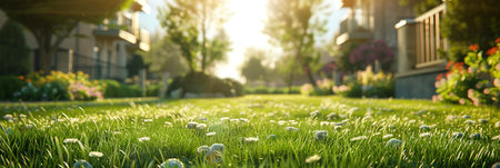 The morning sun shines on the green lawn, The backyard for the background, the meadow grass, The design concept for background.の素材