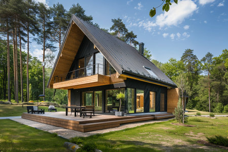 Beautiful wooden house with a lawn.の素材