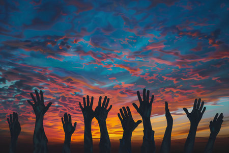 A crowd of people in silhouette raises their hands against the background of sunsetの素材