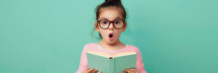 Scared girl in glasses holding open book against green background, close up portrait, isolated green background, studio shot. kid has read amazing information from book, facial expression, reaction, panoramicの素材