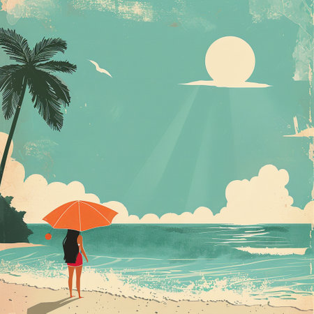 illustration girl silhouette on vacation walking along the ocean shore flat illustration bright color palette, minimalistic.の素材