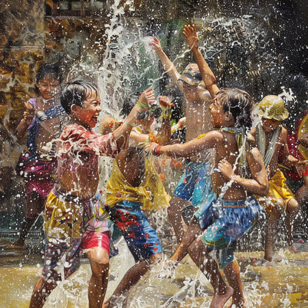 children celebrating Songkran (Thai new year / water festival) playing with waterの素材
