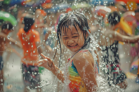 People celebrating Songkran (Thai new year / water festival) cute girl playing with water, thailandの素材