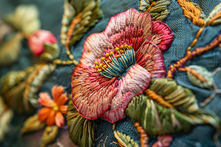 Close-up of a satin stitch embroidery of a floral ornament on a cotton tablecloth. Needlework and...