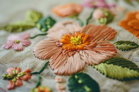 Close-up of a satin stitch embroidery of a floral ornament on a cotton tablecloth. Needlework and DIY concept. Top view, macro, flat layの写真素材
