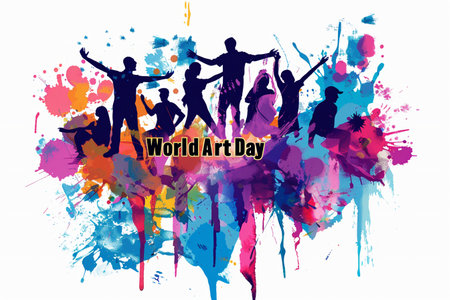 Happy World Art Day Illustration, splash of paints and happy young people silhouettes, banner.の素材