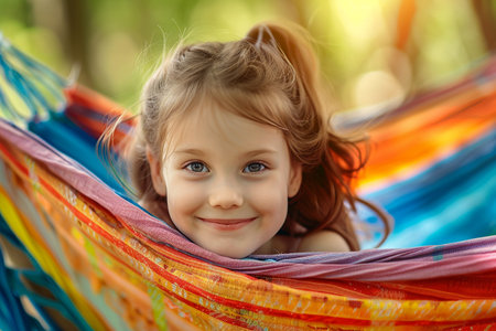 Cute little girl relaxing on a colorful hammockの素材