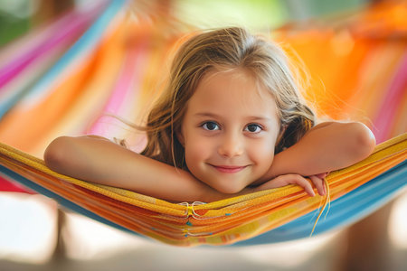 Cute little girl relaxing on a colorful hammockの素材