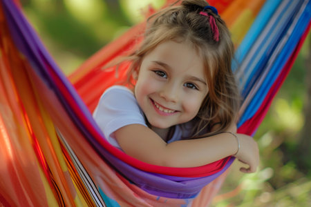 Cute little girl relaxing on a colorful hammockの素材
