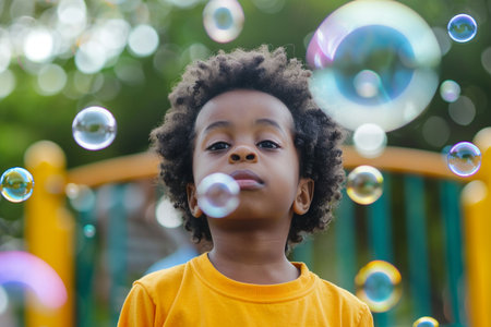 Boy blowing bubbles at the parkの素材