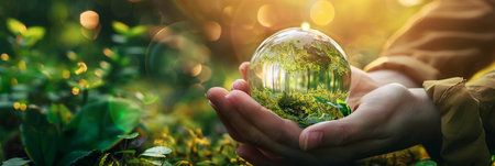 Hands Holding Globe Glass In Green Forest - Environment Concept world earth day, banner empty space, panoramic/の素材