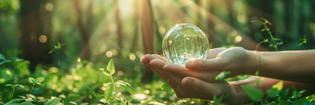 Hands Holding Globe Glass In Green Forest - Environment Concept world earth day, banner empty space, panoramic/の素材