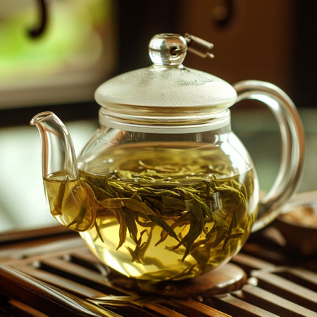 Green oolong tea with herbs in glass on wooden table background. Healthy drink concept. Side view, close up, selective focusの素材
