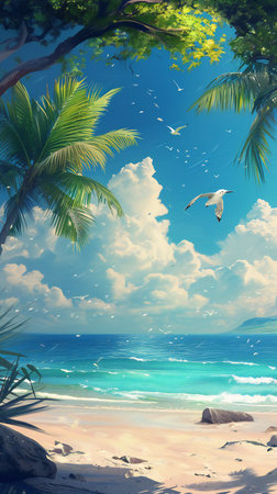 Green palm leaves and tropical sandy beach in sunny weather with blue sky. Space for text. Vertical image.の素材