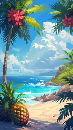 Green palm leaves and tropical sandy beach in sunny weather with blue sky. Space for text. Vertical image.の素材