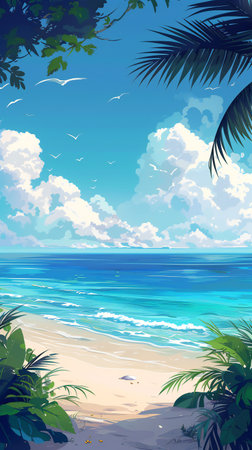 Green palm leaves and tropical sandy beach in sunny weather with blue sky. Space for text. Vertical image.の素材
