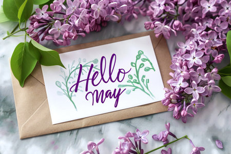 Hello May hand lettering card. Spring lilac flowers in envelope.の素材