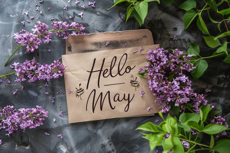 Hello May hand lettering card. Spring lilac flowers in envelope.の素材