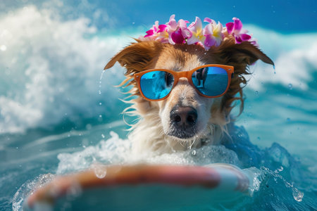 jack russell dog surfing on a wave , on ocean sea on summer vacation holidays, with cool sunglasses and flower chainの素材
