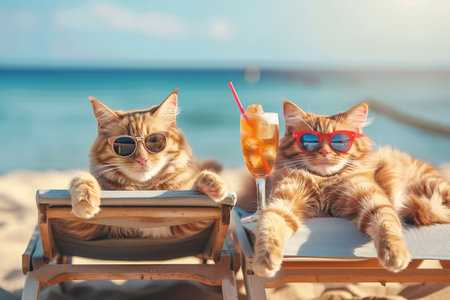 Two funny cats wearing sunglasses relaxing on the beachの素材