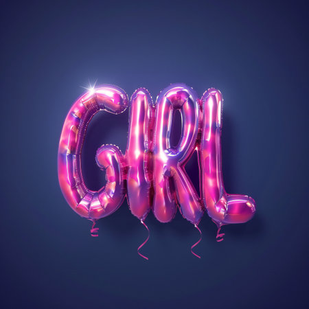 Glossy holographic 3D word GIRL, neon style with reflective surface. Metallic balloon bubble form with shine. Isolated render illustration for retro futuristic Y2K design good for baby shower.の素材