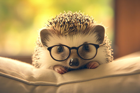Cute hedgehog with round glasses sitting on sofa.の素材