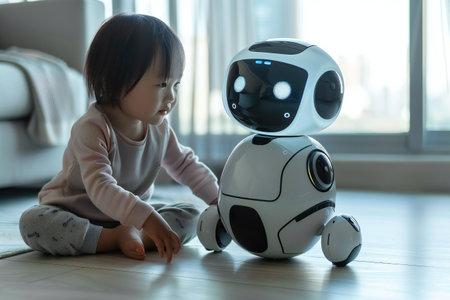 The girl sitting with robot babysitter. Concept of friendship between a robot and a child, robot helping people.の素材