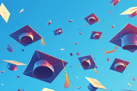 Flying students graduation hats in the blue skyの素材