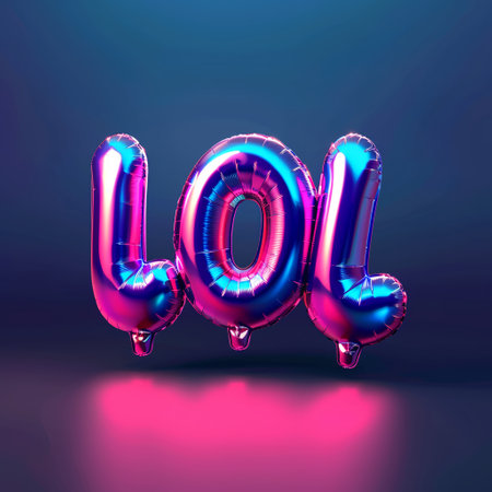 Glossy holographic 3D text LOL, neon style with reflective surface. Metallic balloon bubble form with shine. Isolated render illustration for retro futuristic Y2K design.の写真素材