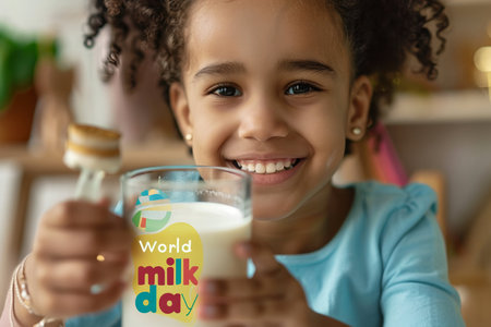world milk day text by smiling african american girl holding glass. healthy lifestyle and diary concept.の素材