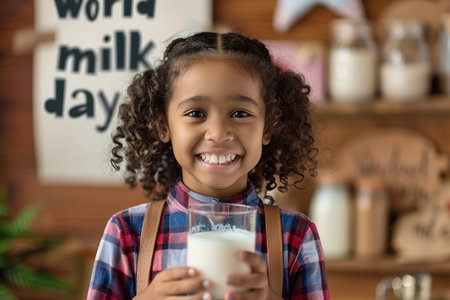 world milk day text by smiling african american girl holding glass. healthy lifestyle and diary concept.の素材