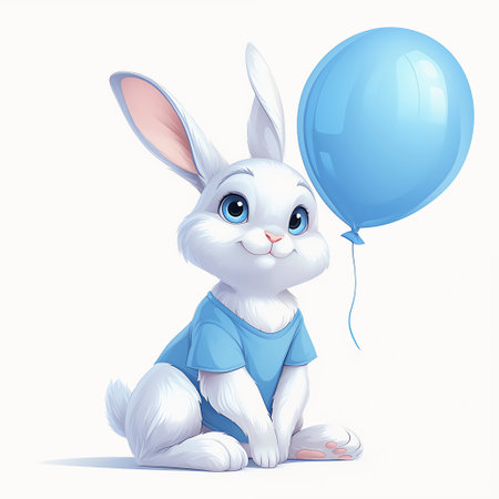 Cute bunny boy concept. Beautiful rabbit in blue t shirt sits with blue balloon. Design element for printing on fabric or baby shower Cartoon illustration.の写真素材