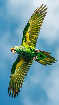 Green and yellow macaw in the air. A spectacular green and yellow macaw cuts across a clear blue...