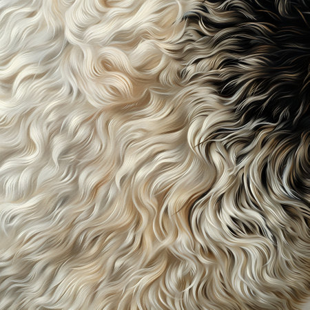 Close up of dog black and white curly fur, nature pattern.の写真素材