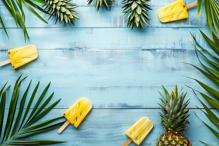Pineapple popsicles in a cluster. Top view scene over a blue woodenbackground. empty space