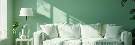 Stylish composition of living room interior. Modern sofa, design pillows, plants in metal pot and creative personal accessories. Eucalyptus green wall. Template. Copy space.の素材