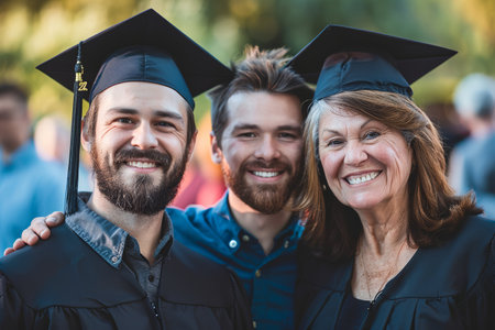 Confident man and woman in graduation outfit, male and female obtaining degree, academic career.の素材