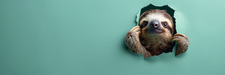 Face shot closeup of Sloth , head peeking through a hole on soft green paper, banner, panoramic empty space.の素材