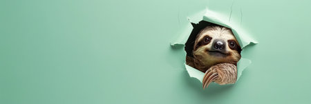 Face shot closeup of Sloth , head peeking through a hole on soft green paper, banner, panoramic empty space.の素材