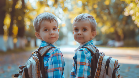 Portrait of happy twin schoolboys going to schoolの素材