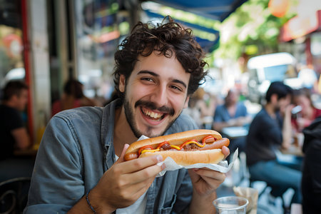 Handsome young brunette man eating hot dog in street cafe or restaurantの素材