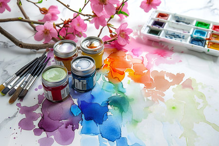 Composition with watercolor paints, brushes, a jar of water, flowers, flower petals, located in the figure with a watercolor backgroundの写真素材