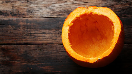 Pumpkim Hokkaido cut in half, hollowed on wooden background with a lot of copy space. The half of the fruit is hollowed, the seeds and the fibers are removed. Ideal as a background.の写真素材