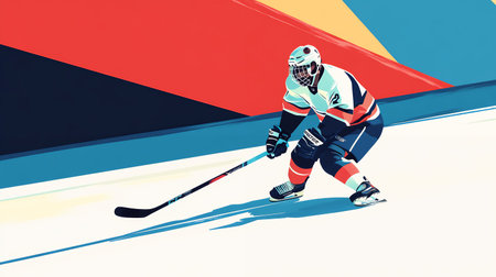 Minimalistic design. Man, professional hockey player in motion with stick, competing for the victory against abstract background. Contemporary art. Concept of winter sport, competitionの写真素材