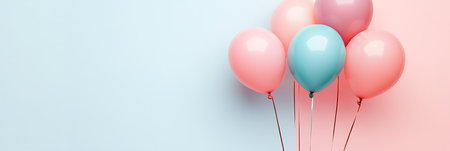 Blue balloons floating in pink pastel background room studio. minimal idea creative concept.の写真素材
