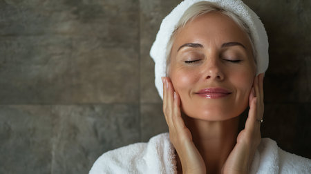 Gorgeous senior older woman with closed eyes touching her perfect skin. Beautiful portrait mid 50s aged woman advertising facial antiage lift products salon care tighten skin isolated on white. empty spaceの素材